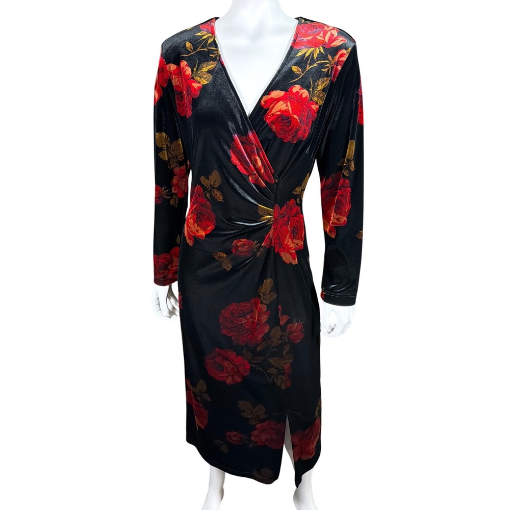 Robbie Bee Womens Velvet Floral Rose Midi Dress Black Red V-Neck Ruched‎ Size 8